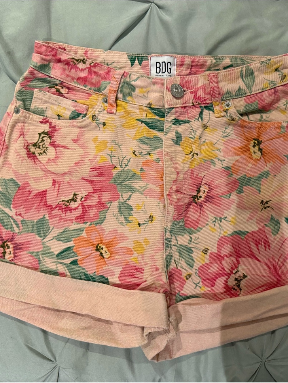 BDG Pink Floral High-Rise Denim Shorts